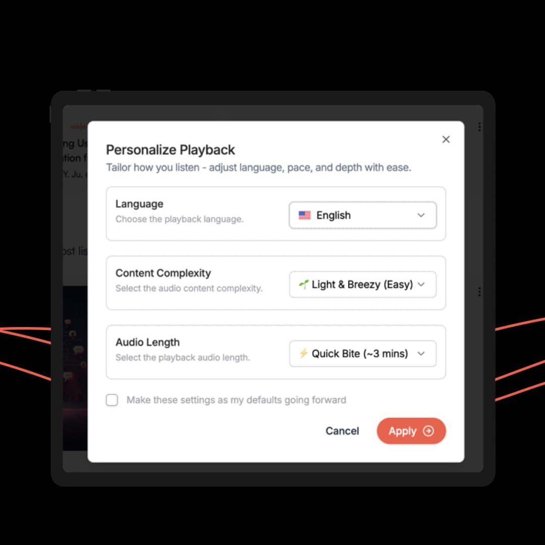 Customize playback with 18+ languages, speed control (0.5-1.5x), length options (3, 6, or 9 mins), and depth levels from Beginner to Advanced.