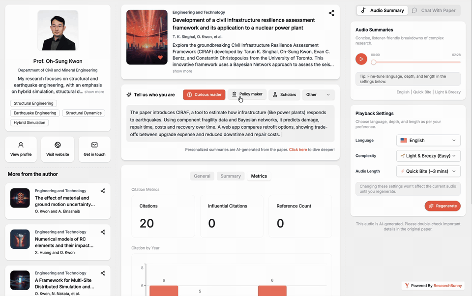 ResearchBunny web platform showcasing research audio collection