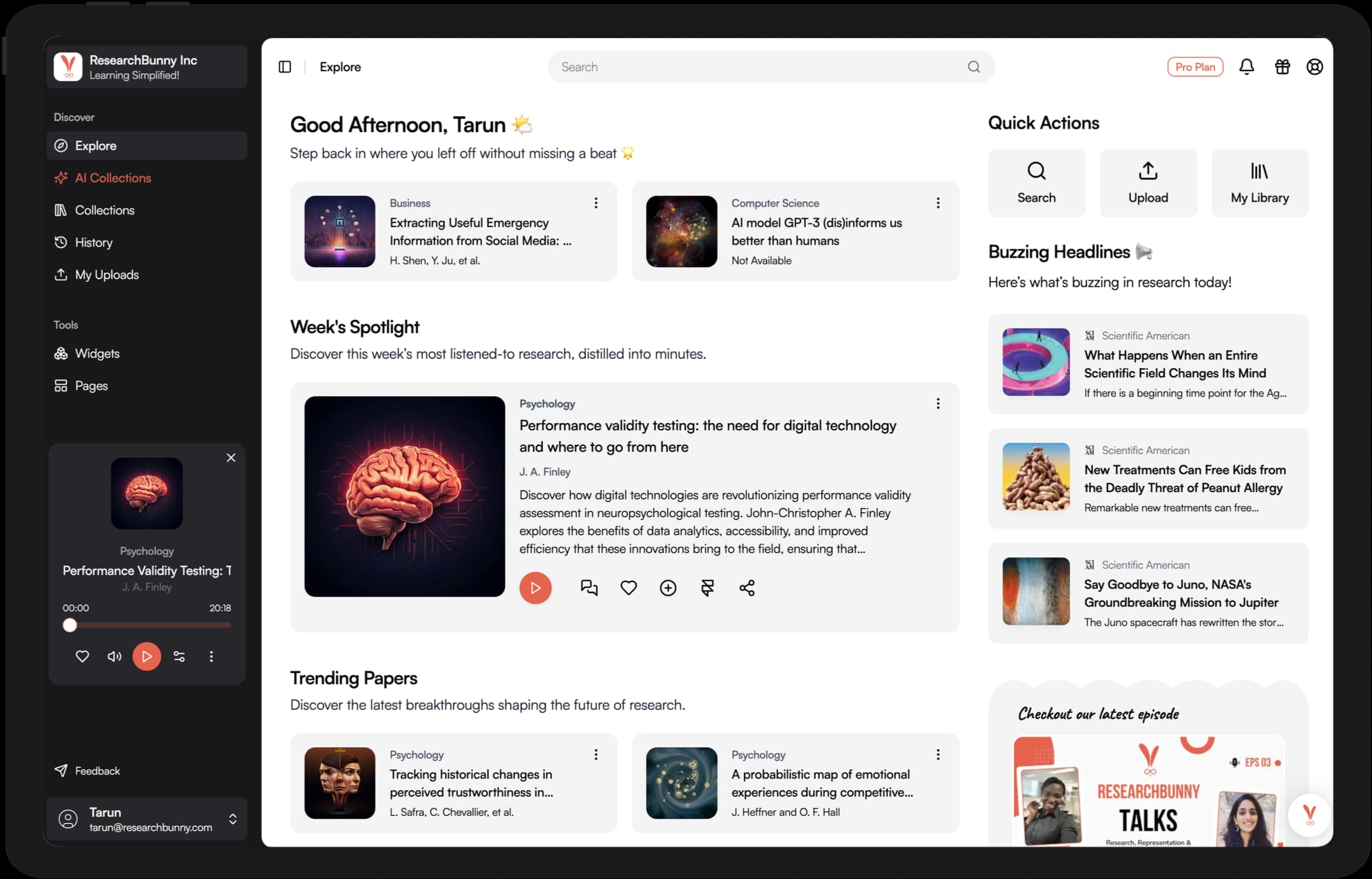 ResearchBunny web platform showcasing research audio collection